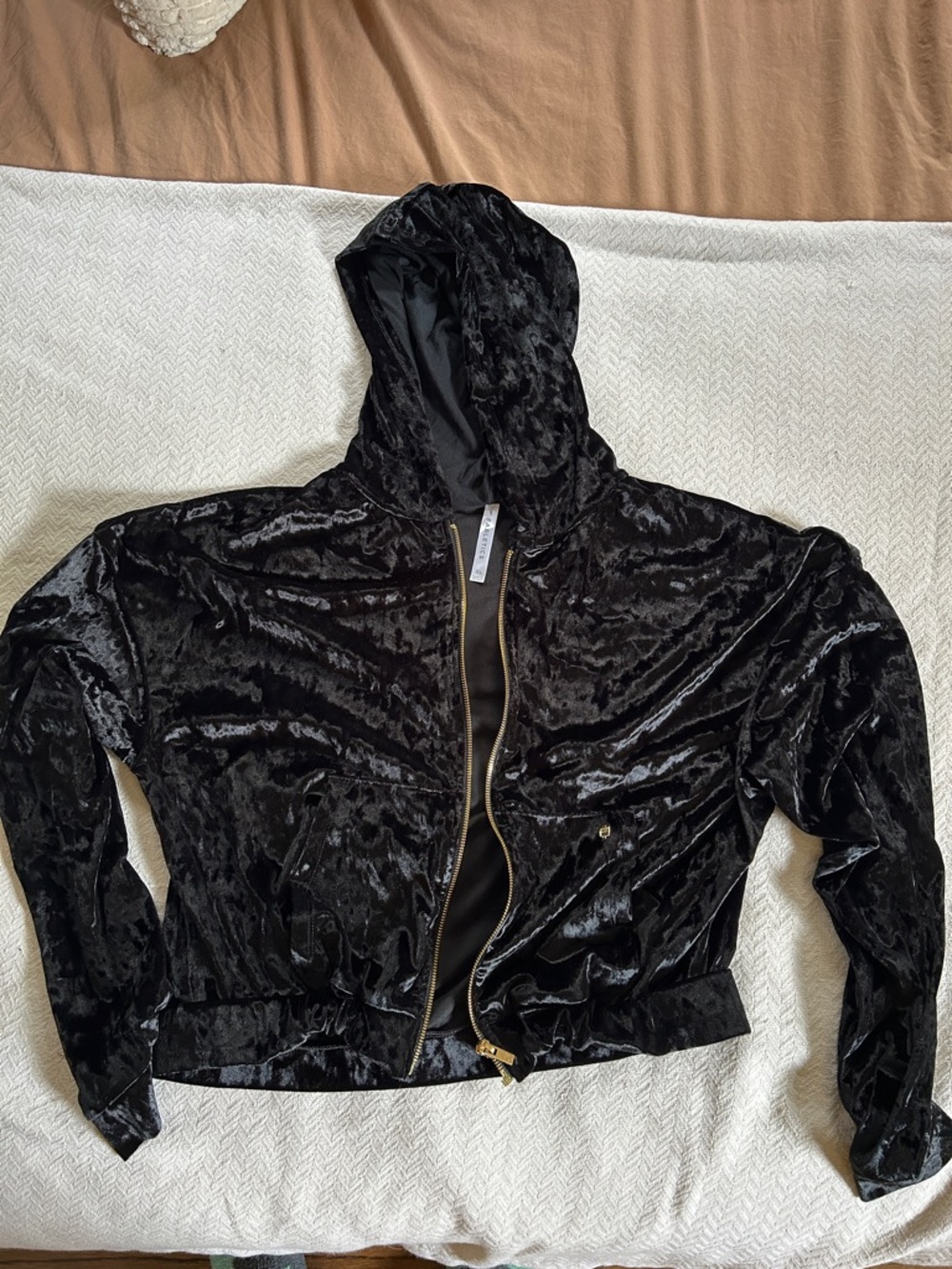 Fabletics Black Crushed Velvet Zip Hoodie Jacket